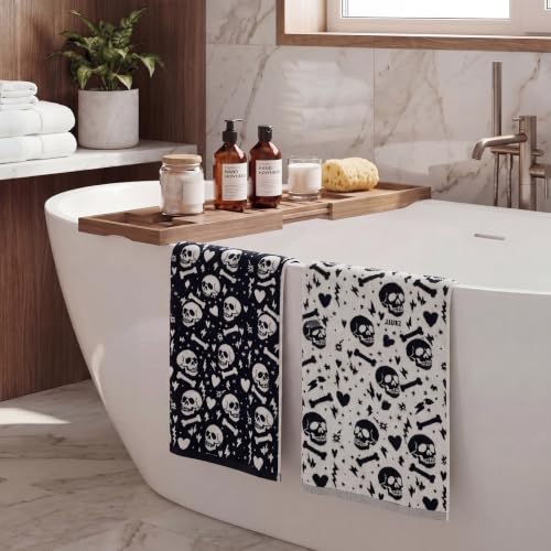 Halloween Skull Hand Towels Set - Black and White Cotton Bathroom Decor