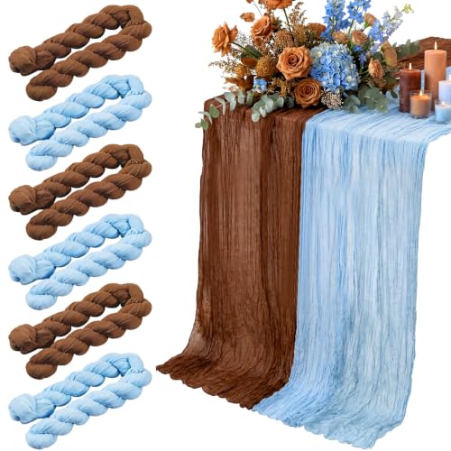 Blue and Brown Cheesecloth Table Runner Set - 6 Pieces, 118 Inch Length, Rustic Wedding & Party Decor
