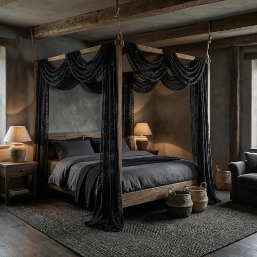 NAPEARL Black Lace Bed Curtain - 57 x 216 Inch Floral Drapery for Canopy & Window Decor - Variation: Black Ginkgo Lace 54"W x 216"L