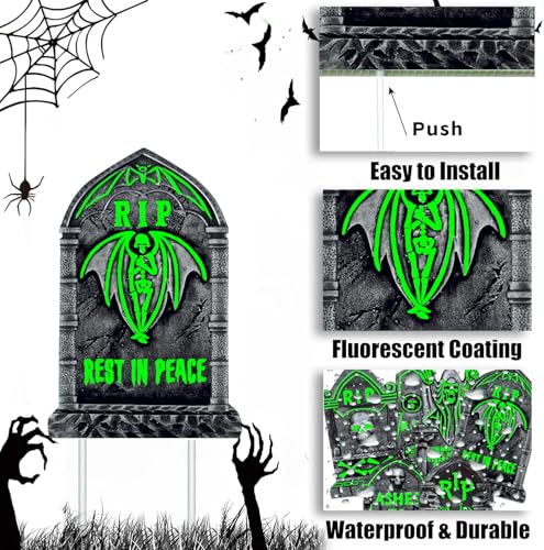 16.5x10 Inch Glow in The Dark Tombstones Decorations - Waterproof Grave Markers with Stakes - 6 Pack Halloween Cemetery Props
