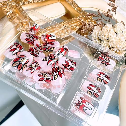 Fall Press On Nails Kit Short Square Fake Nails with Squirrel & Leaf Designs for Women