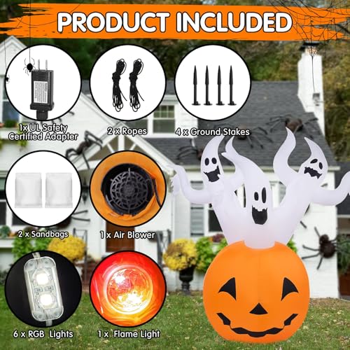 6ft Halloween Inflatable Pumpkin Ghost Yard Decor with RGB Lights and LED Flame