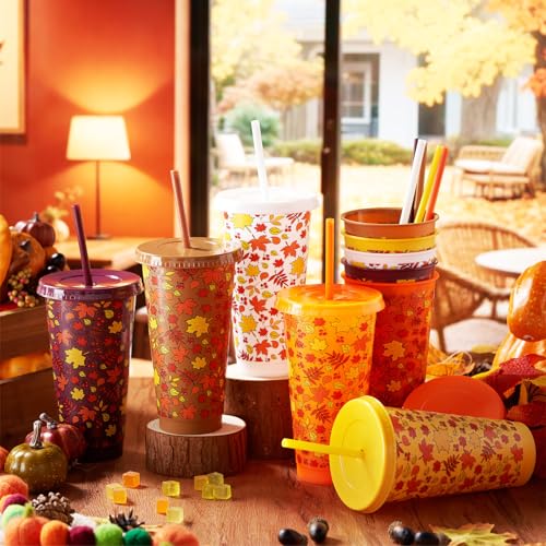 20 Pack Fall Plastic Coffee Cups with Lids & Straws - Thanksgiving & Autumn Theme