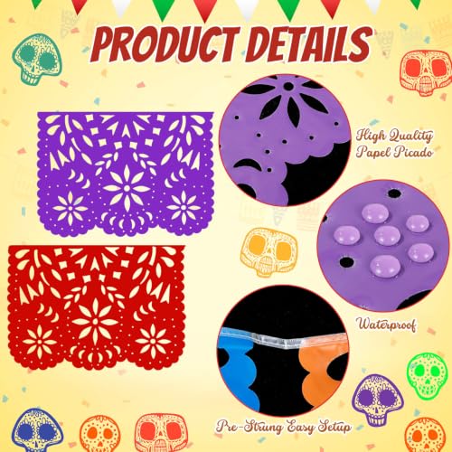Mexican Party Decorations - Papel Picado Banner Set 131.2 Ft, 8 Designs - Bright & Reusable