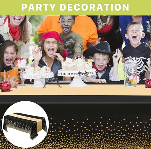 Black and Gold Satin Table Runners and Plastic Tablecloth Set - 3 Piece