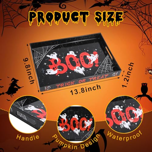 Halloween Ghost Serving Tray with Handles - Acrylic Platter, Black & Orange, 13.8x9.8 Inches, Ghost Variation