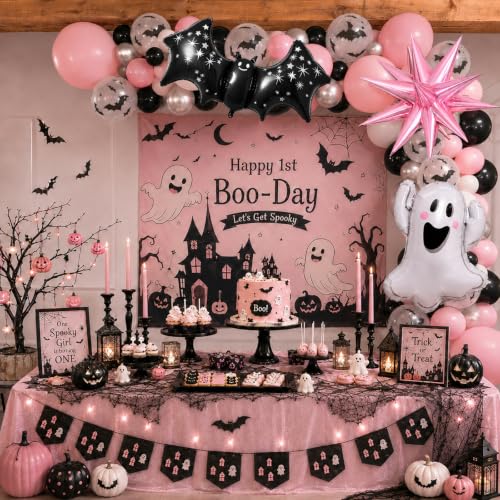 Halloween Balloon Garland Arch Kit with Ghost Bat Balloons - Black Pink Silver Variation