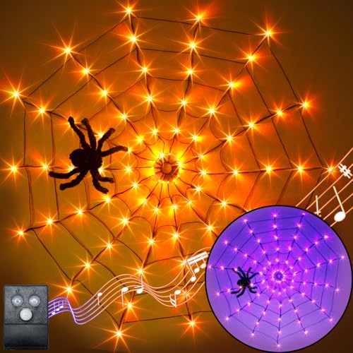 Vanthylit Halloween Spider Web Lights with Motion Sensor & Music - Purple & Orange 4FT 84LED Indoor Outdoor Decor