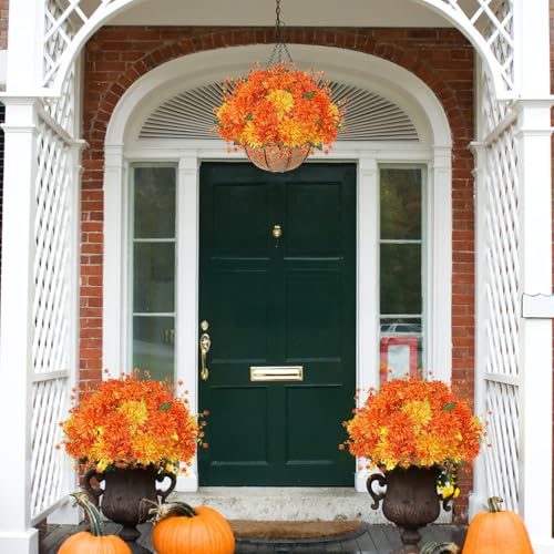 Orange Fall Hanging Basket with Artificial Mums for Outdoor Porch Decor