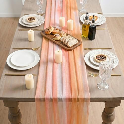 28 x 120 Inch Boho Orange Stripes Fall Thanksgiving Chiffon Table Runner - Seasonal Kitchen Decor
