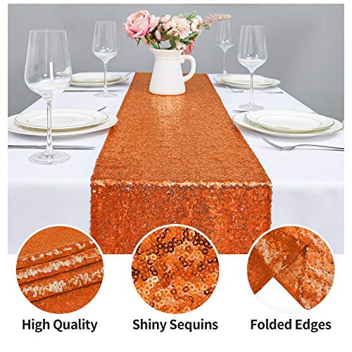 12x108 Inch Sequin Table Runner Set - 6 Pieces Orange Glitter Event Decor