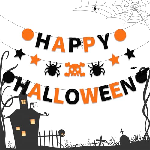 Halloween Felt Banner Garland - Happy Halloween Indoor Decor with Skull & Spider Pattern - Black & Orange