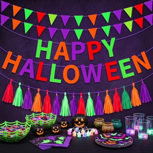 Glow in The Dark Halloween Banner Set - Neon Party Decorations for Walls & Tables