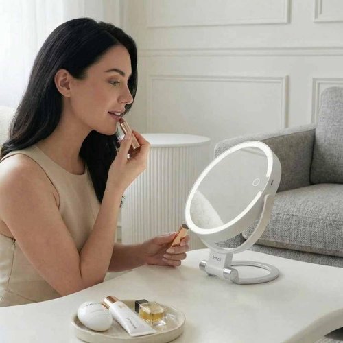 Fancii Travel Magnifying Mirror 10x /1x with Lights, Rechargeable | 9-Inch Extra Large LED Lighted Makeup Mirror, Folding Double Sided Portable Vanity Mirror, 3 Light Settings, Touch Sensor (Sadie)