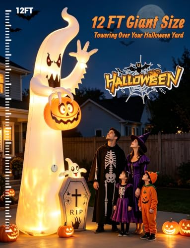 Halloween Inflatable Ghost Pumpkin Scene with Motion-Activated Sounds - 12FT