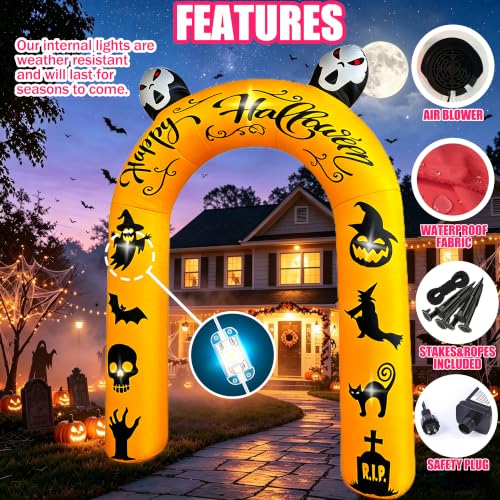 Halloween Inflatable Archway 9FT Tall with Ghost, Pumpkin, Witch & LED Lights - Outdoor Yard Decor