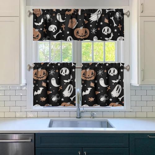 Halloween Kitchen Curtains and Valances Set of 3 - Goth Pumpkin Ghost Decor, 27.5W x 24L