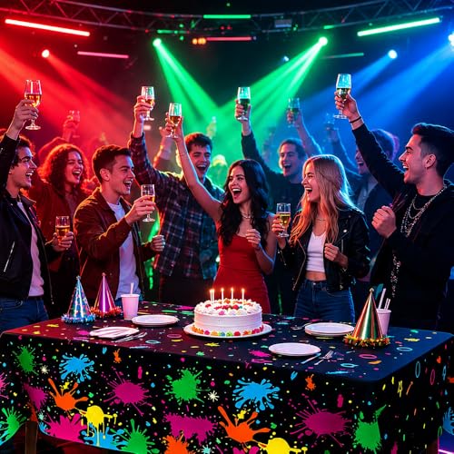Ynaquest 2 Pack Neon Glow Party Table Covers 108x54 Inch Disposable Black Light Decorations