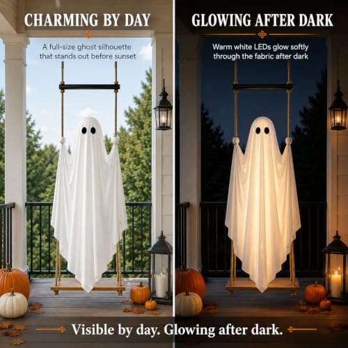 5FT Light-Up Hanging Ghost for Halloween Porch Yard Tree Decor