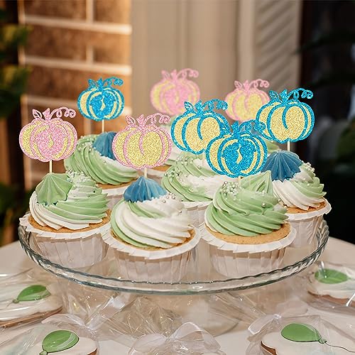 Blue Pink Pumpkin Cupcake Toppers 24Pcs Baby Shower Halloween Birthday Decor - Variation of F