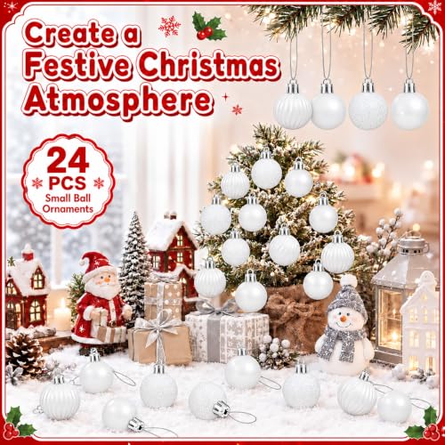 Mini White Christmas Ornaments Set - 24 Small 1.6 Inch Shatterproof Holiday Balls