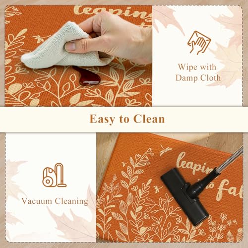KIMODE Fall Kitchen Anti-Fatigue Mat Set - Leaf Pattern, 17.3 x 47 & 17.3 x 29 Inches, Cushioned Waterproof Rugs, Orange Red Leaf Variation