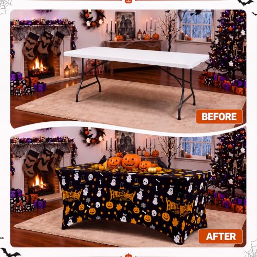 Halloween Pumpkin Ghost Spandex Tablecloth 6ft Fitted Rectangular Cover - Black White Orange