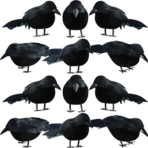 12 Pack Halloween Black Crows and Raven Decorations - Realistic Faux Birds for Haunted House & Gothic Decor