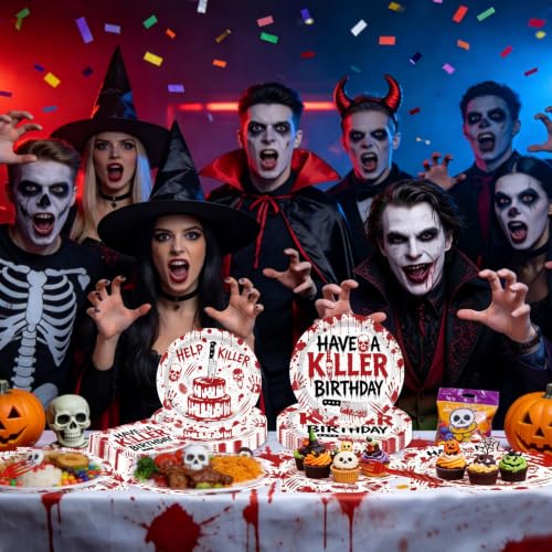Halloween Killer Party Plates and Napkins Set - Spooky Blood-Stained Design - Variation of THIS listing