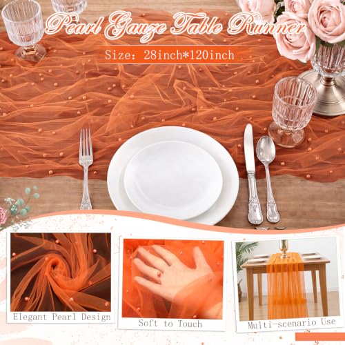 Orange Fall Gauze Pearl Table Runner 10ft Set for Holiday & Event Decor