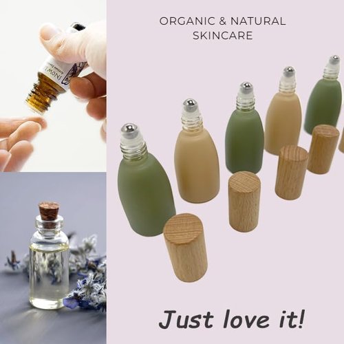 BEECO GIF2U 6Pcs 12ml/0.4 oz Glass Roll On Bottle with Bamboo Lid for Essential Oils,Empty Refillable Roller Bottles for Perfume Sample with Stainless Steel Roller Ball,Travel Containers