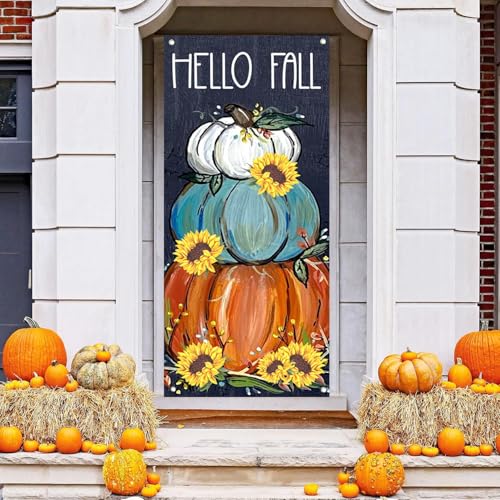 Fall Pumpkin Front Door Cover - Autumn Halloween Welcome Decor