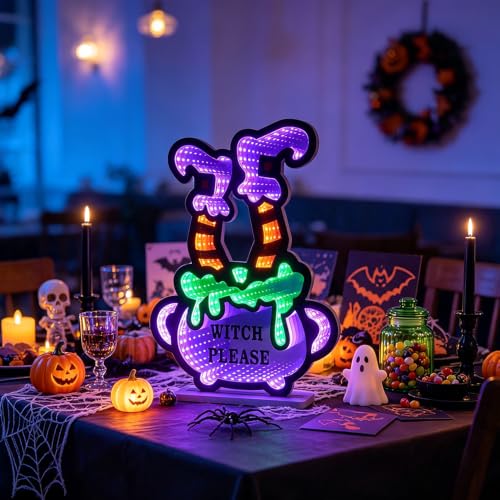 Halloween Witch Legs Infinity Mirror Tunnel Light with Poison Cauldron - Purple