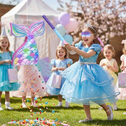 Mermaid Piñata Set with Blindfold and Stick - Under the Sea Birthday Party Decoration - Mermaid Tail Design - 16.14 x 12.20 Inches - Variation: Mermaid