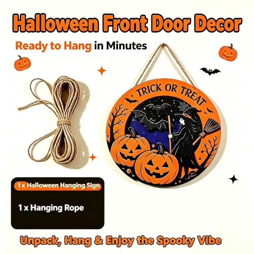 Halloween Front Door Decor Sign - Black Witch Pumpkin Bat Wood Hanging Plaque