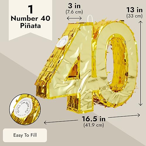 Gold Foil Number 40 Pinata for Birthday Party Decorations - Easy Fill, Hanging or Centerpiece - 16.5 x 3 x 13 in