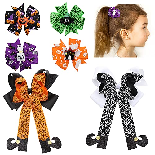 Halloween Bat Pumpkin Spider Web Hair Clips Set - Glitter Bow Knots for Party & Costume