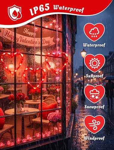Valentine's Day Window Lights - Red Heart Silhouette LED String with Timer - Hearts Variation