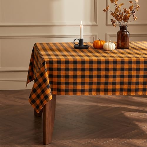 Waterproof Gingham Tablecloth - Black & Orange Checkered Fabric, 102" x 60" Rectangular for Indoor Outdoor Dining