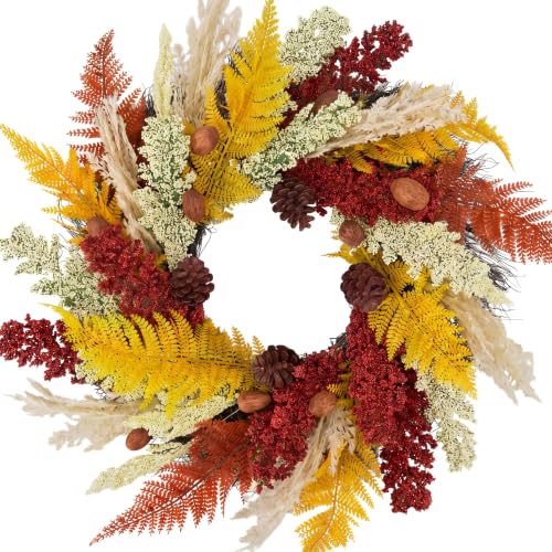 Aelora 24 Inch Fall Wreath for Front Door - Pine Cones, Wheat Ears, Autumn Decor - Variation A