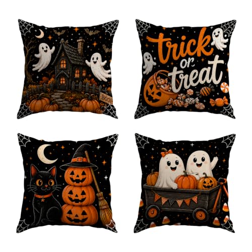 Halloween Throw Pillow Covers 18x18 Inch Set of 4 - Eerie Pumpkin Ghosts Bats