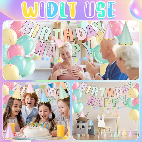 Pastel Party Hats Set for Birthdays & Celebrations - 67 Pcs with Banners Balloons & Flags