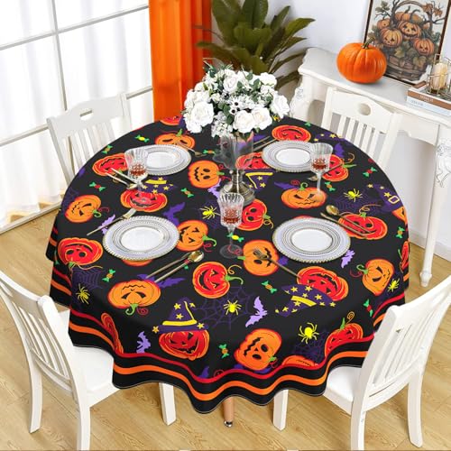 Halloween Round Tablecloth 60x60 Inch Waterproof Bat Pumpkin Design - Washable Party Decor