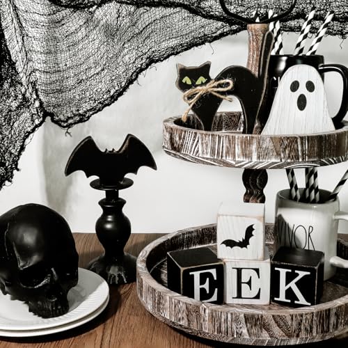 Halloween Table Decorations 4-Pack Farmhouse Ghost Sign Set - Indoor Tiered Tray Decor