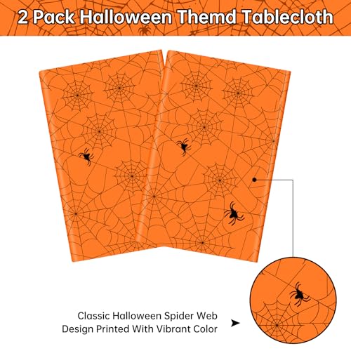Halloween Spider Web Tablecloth - Orange Disposable Plastic Cover, 108x54 Inch, Set of 2