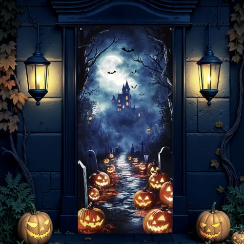 Halloween Door Cover - Large Spooky Pumpkin Castle Bat Backdrop Decor 35x79 Inches