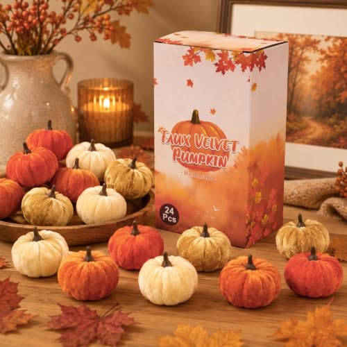 24 Pcs Halloween Velvet Mini Pumpkins - Faux Fall Decor, Small Faux Pumpkins, Craft Supplies, Gift Box Included
