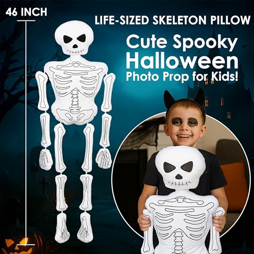 Life-Sized Skeleton Throw Pillow - Halloween Decor, 46 Inch Plush Skull Cushion