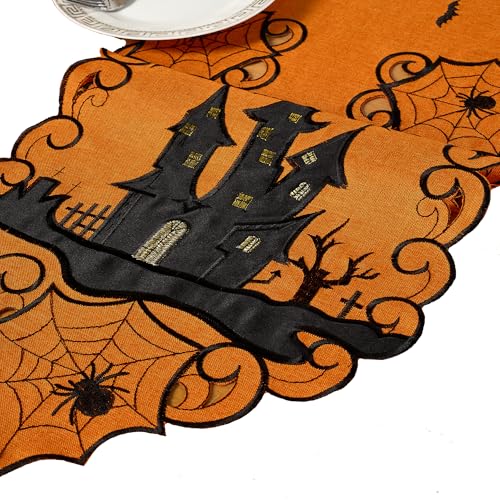 Halloween Table Runner 13x69 Inch Embroidered Spooky Bats & Spiders Decor