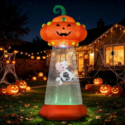 Halloween Inflatable Pumpkin UFO - 8 FT Outdoor Yard Decoration with Alien Cow and LED Lights - Variation: Pumpkin UFO